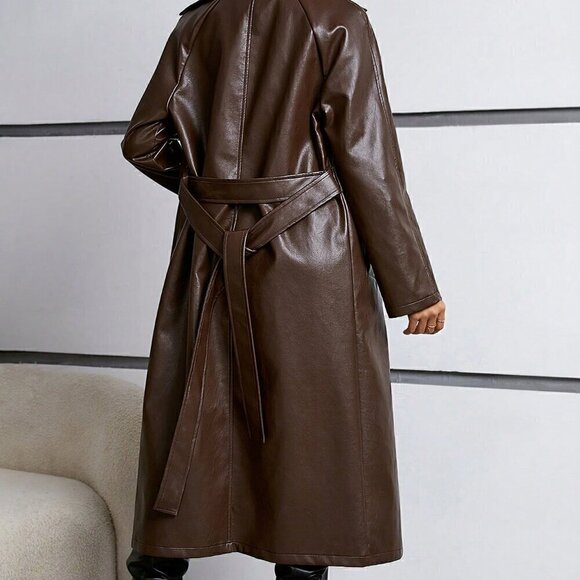 Coffee Brown Elegant Women's Regular Fit Pu Leather Jacket With Contrast Lapel - Picture 2 of 6